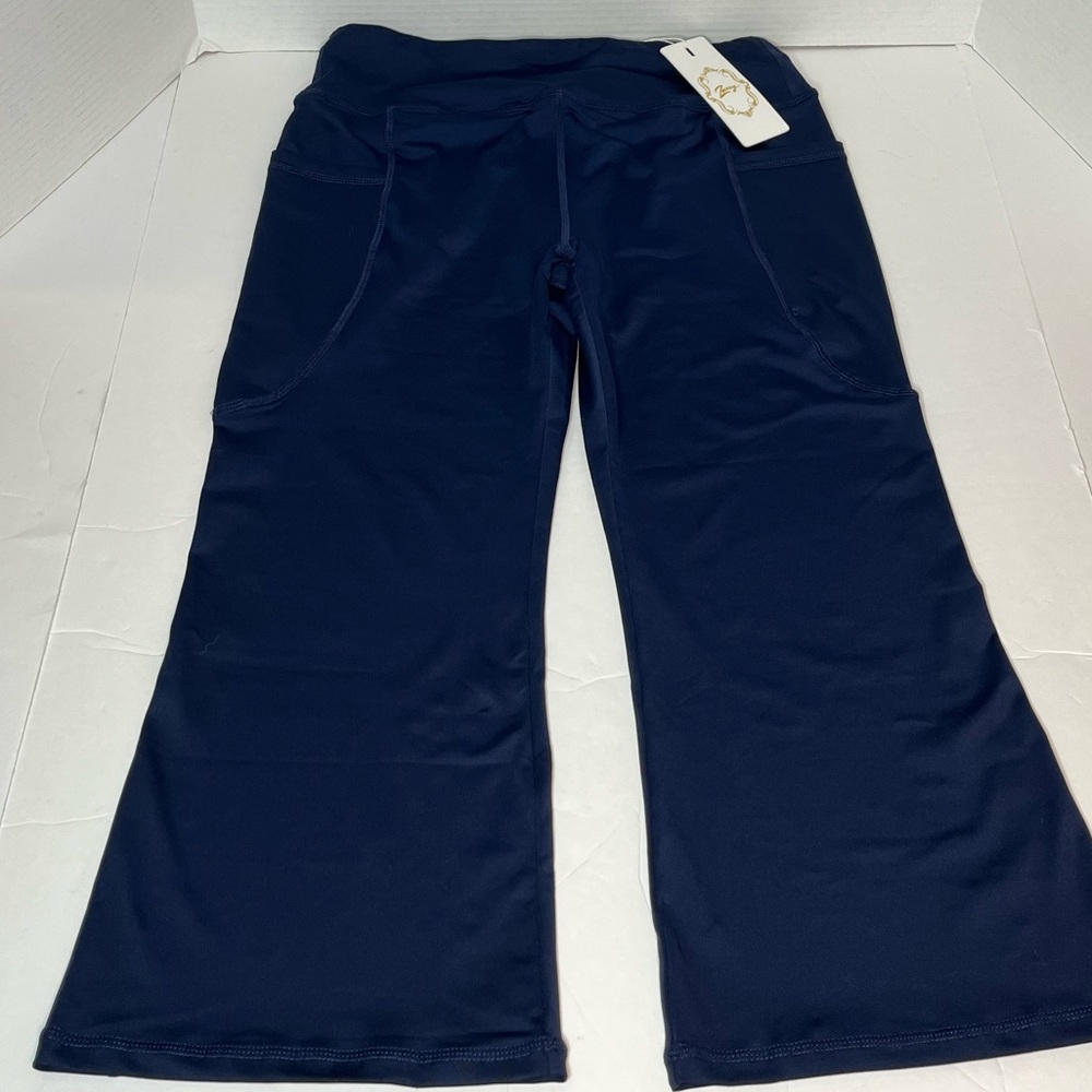 Zexxxy Navy High Waist Stretch Yoga Pants Wide Leg with Deep Pockets Size M New!